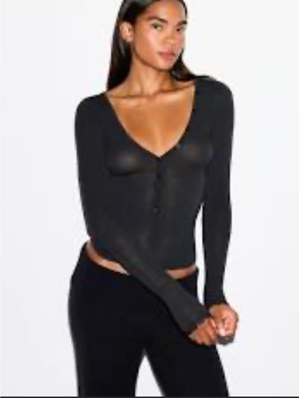 SKIMS NWT Sheer Modal Long Sleeved Henley - Obsidian